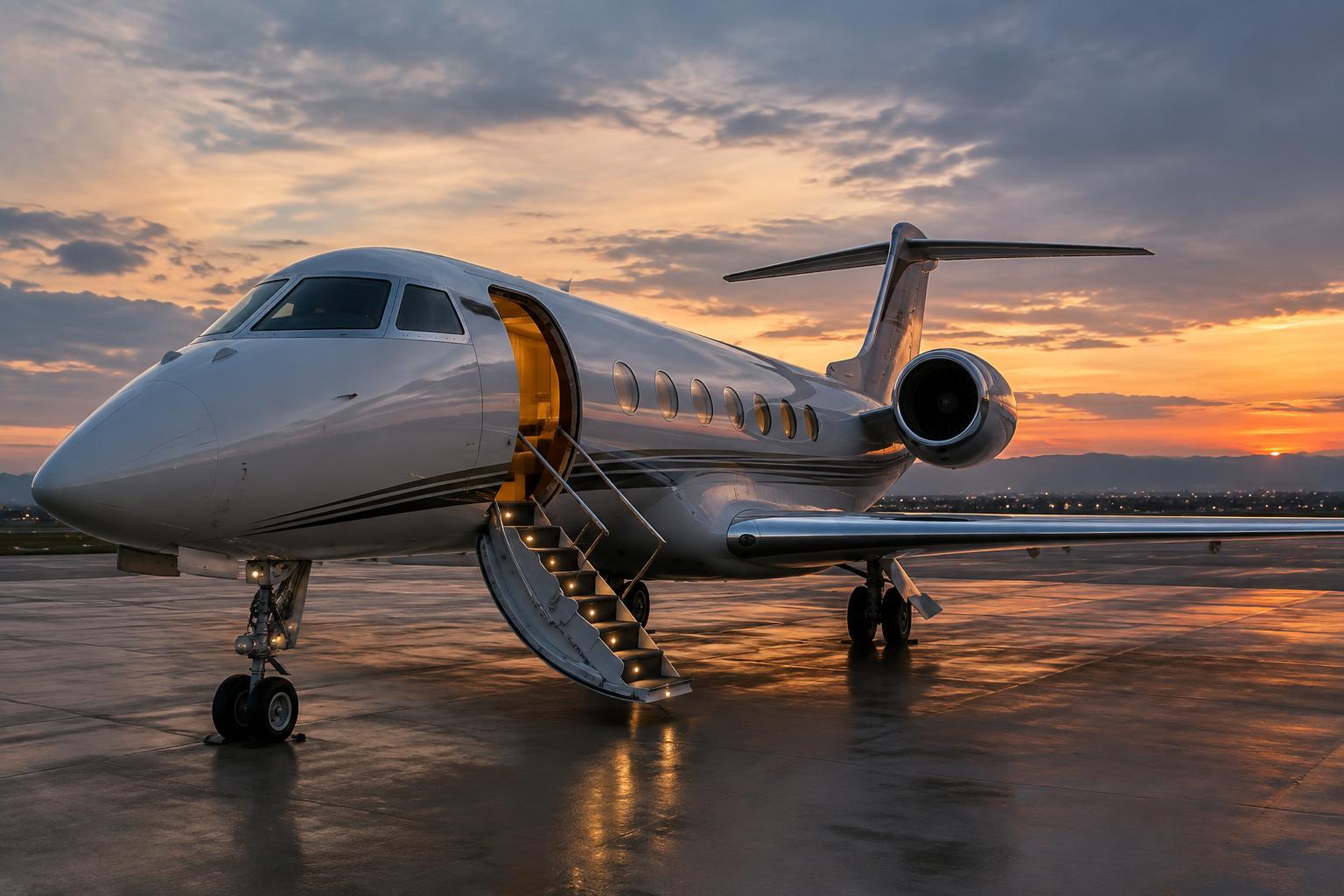 Jet privé prêt au départ au coucher du soleil